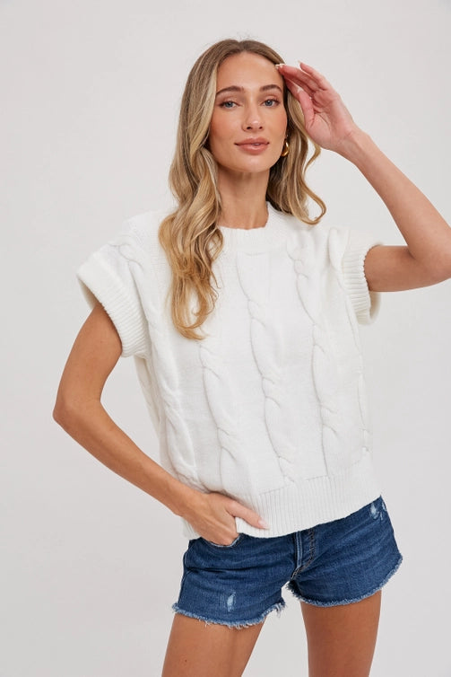 Cable Knit Ivory Short Sleeve Sweater