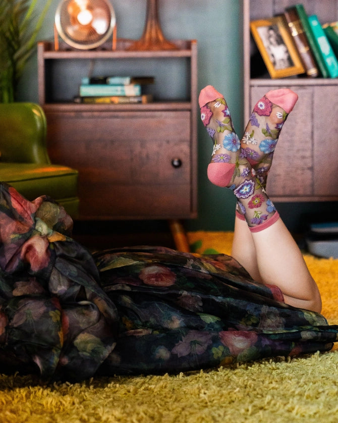 Dark Florals Black Sheer Sock