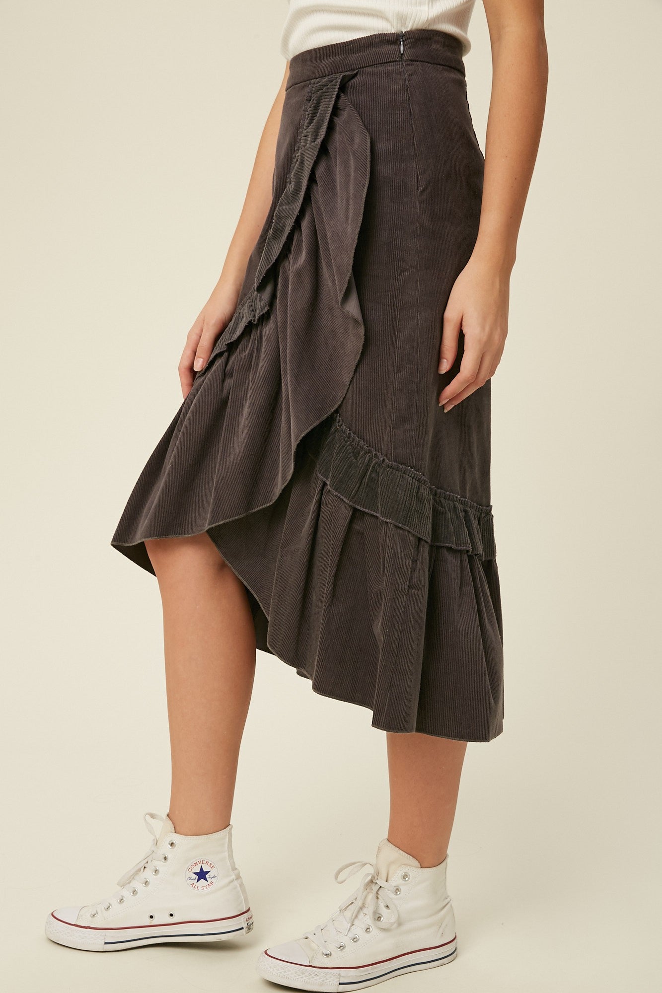 Corduroy Ruffle Wrap Skirt in Charcoal