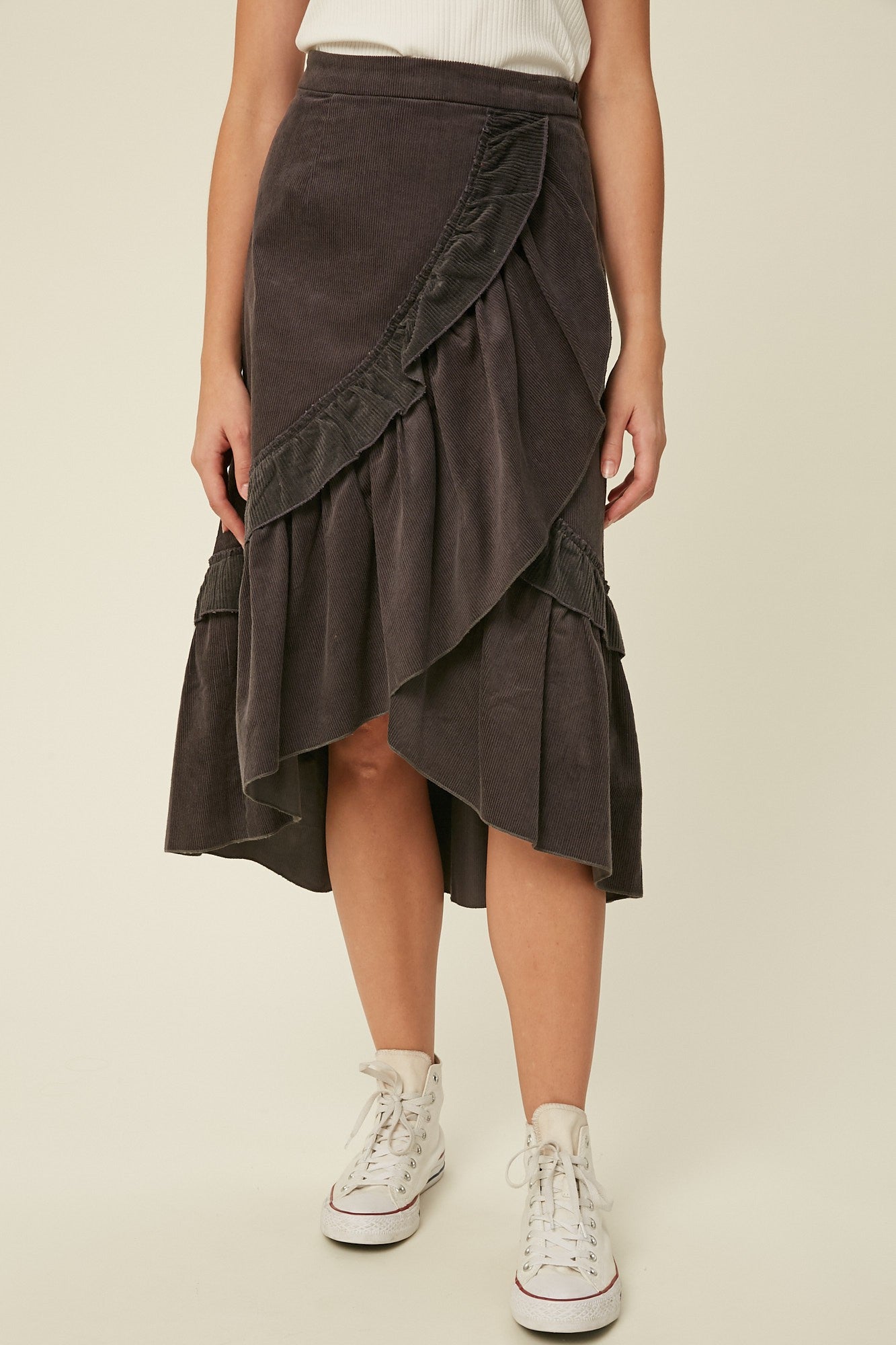 Corduroy Ruffle Wrap Skirt in Charcoal