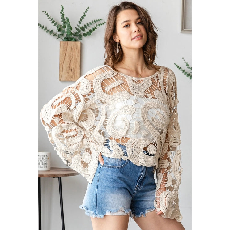 Crochet Lace Knit Top in Ivory