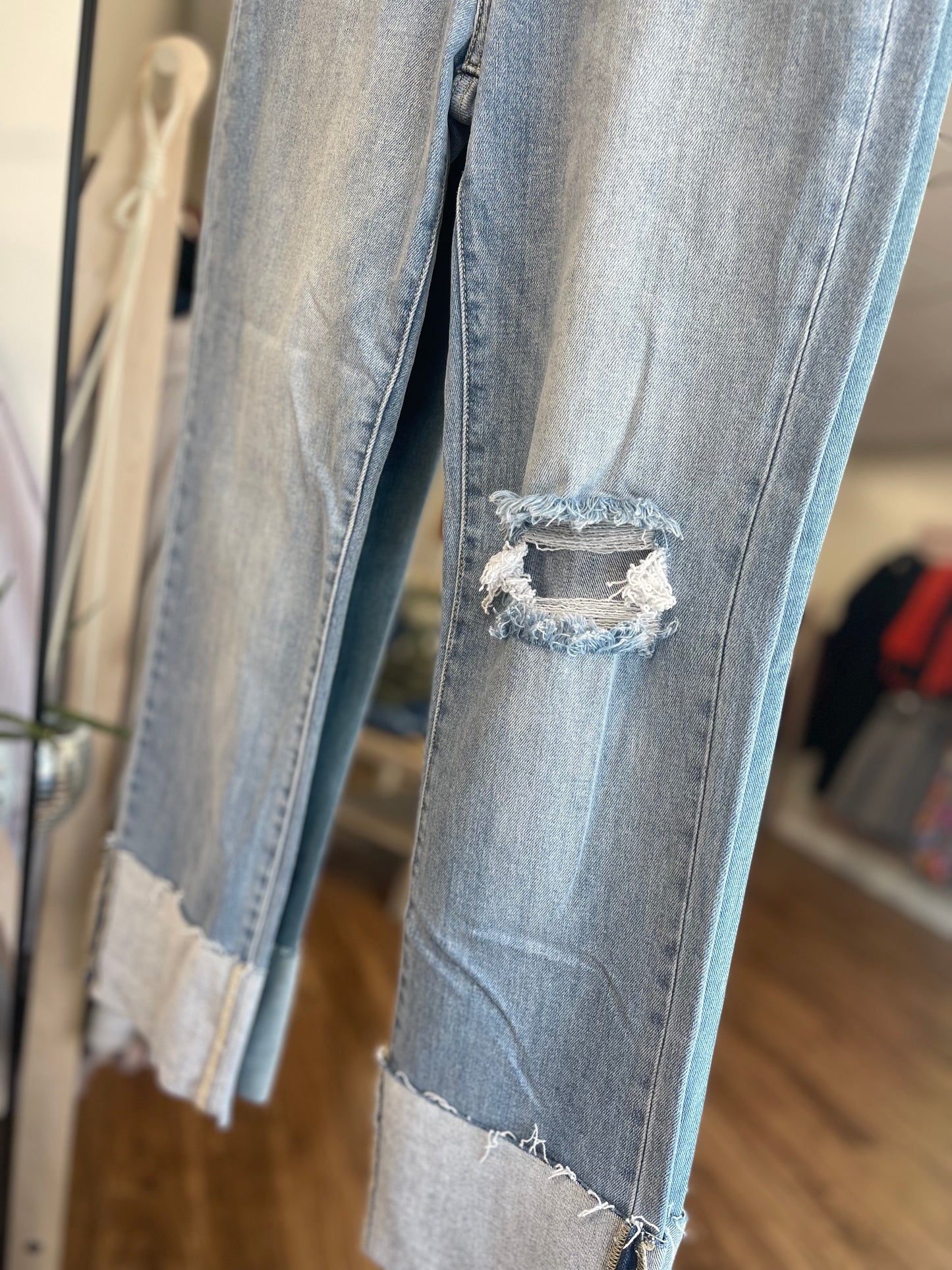 RISEN Light Wash High Rise Wide Cuffed Straight Jeans