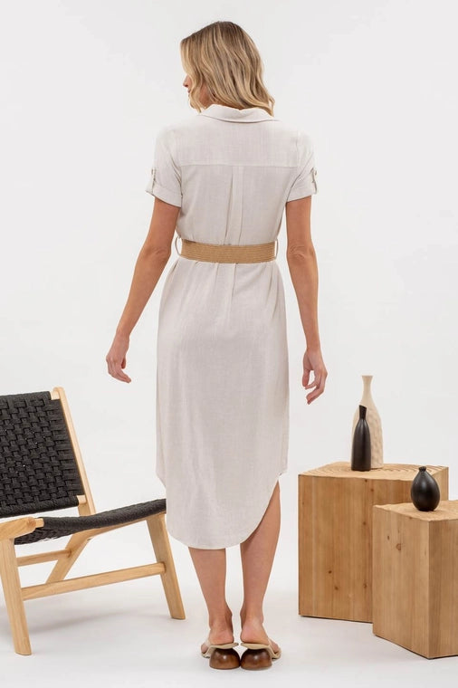 Collared Button Down Belted Midi Dress