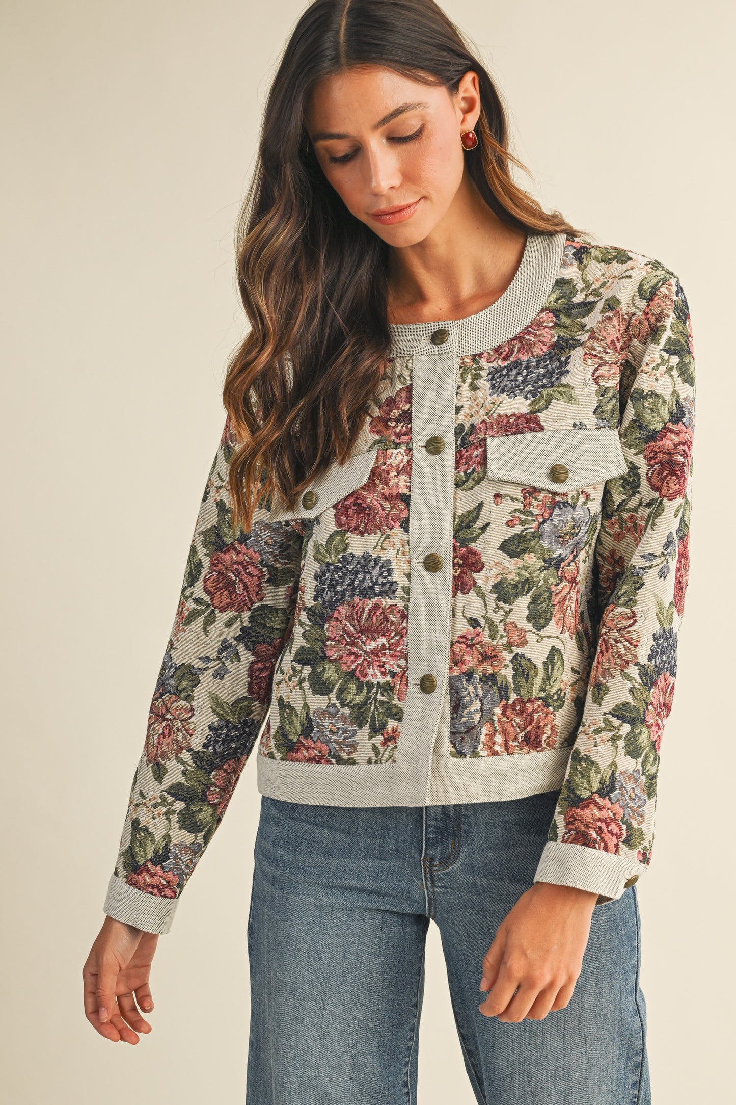 Floral Jacquard Button Down Jacket