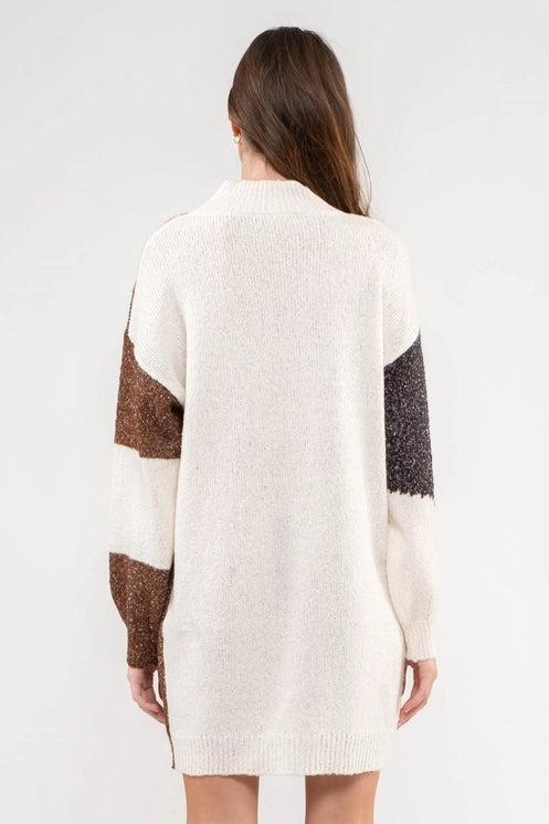 Ivory Colorblock Knit Sweater Dress
