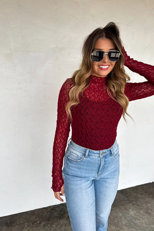 Wine Jolie Lace Thumbhole Top