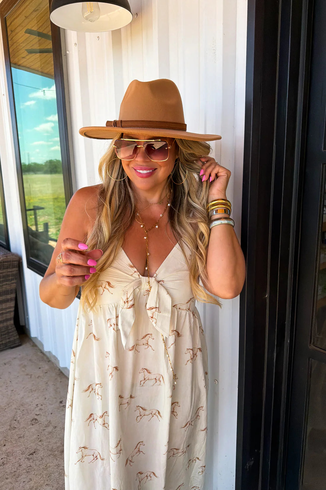 Western Charm Maxi Dress - Cream Horses