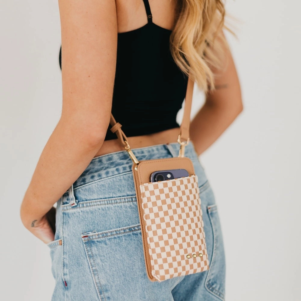 Woven Checkered Tan Phone Bag
