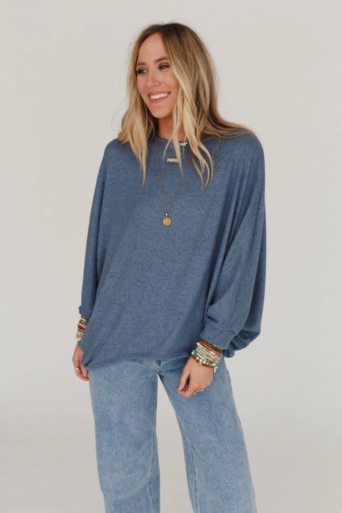 Dusty Blue Batwing Sleeve Knit Sweater