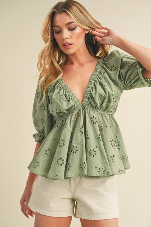 Hazel Eyelet Embroidered Top Sage