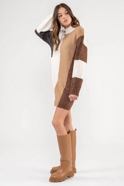 Ivory Colorblock Knit Sweater Dress