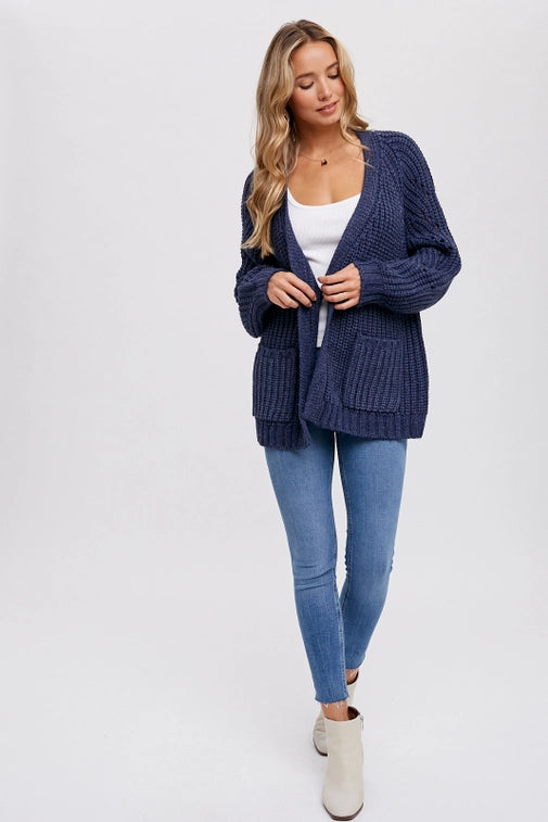 Navy Pointelle Open Front Cardigan