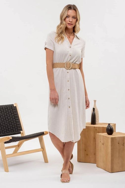 Collared Button Down Belted Midi Dress
