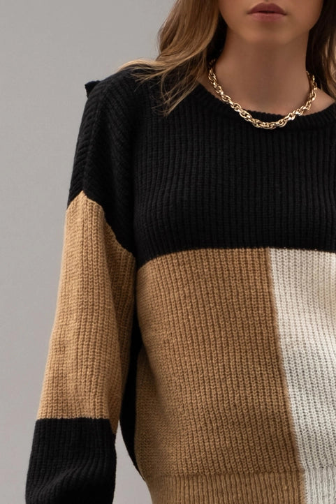 Black Multi Colorblock Back Tie Knit Sweater