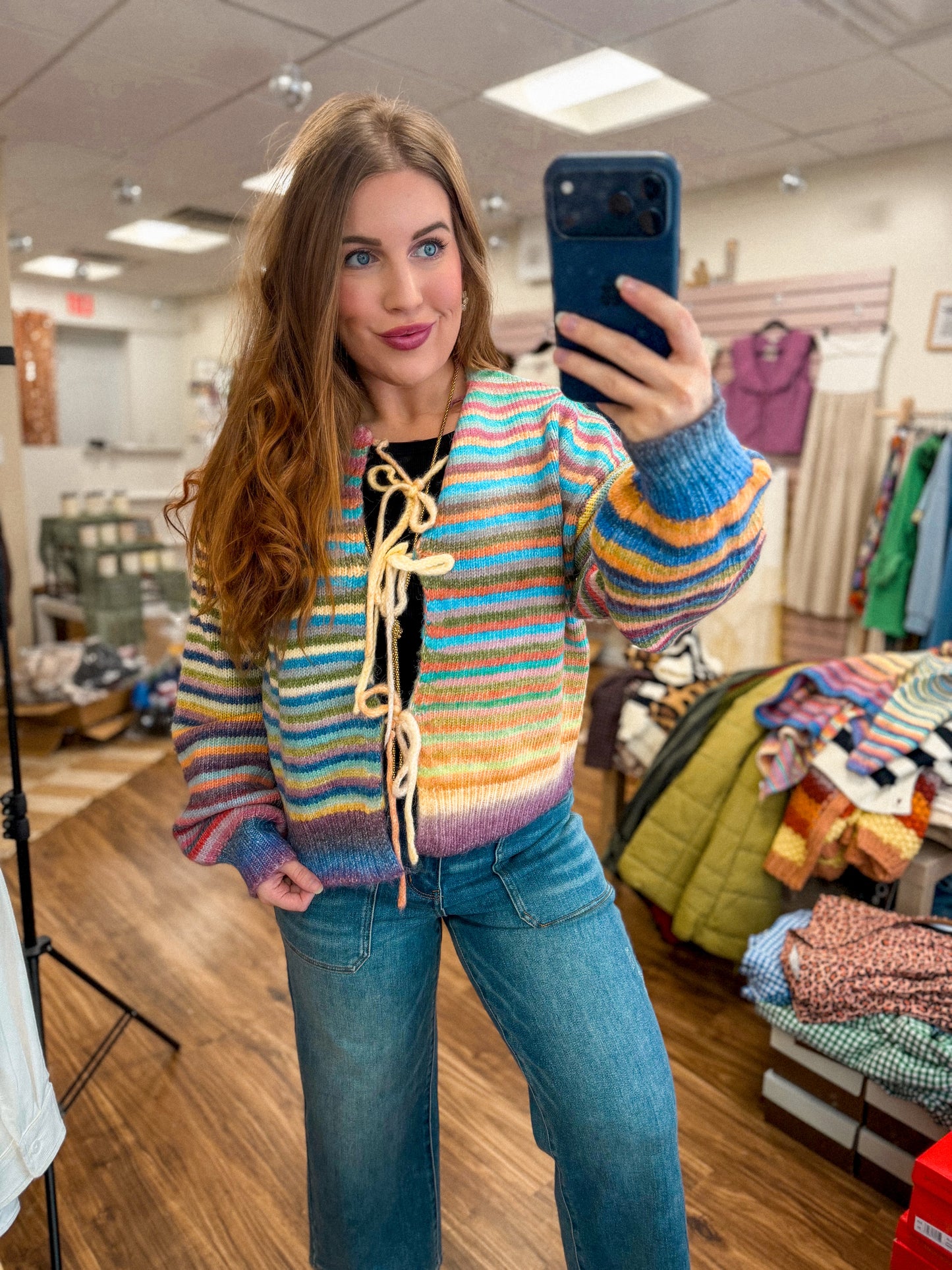 Rainbow Front Tie Knit Cardigan