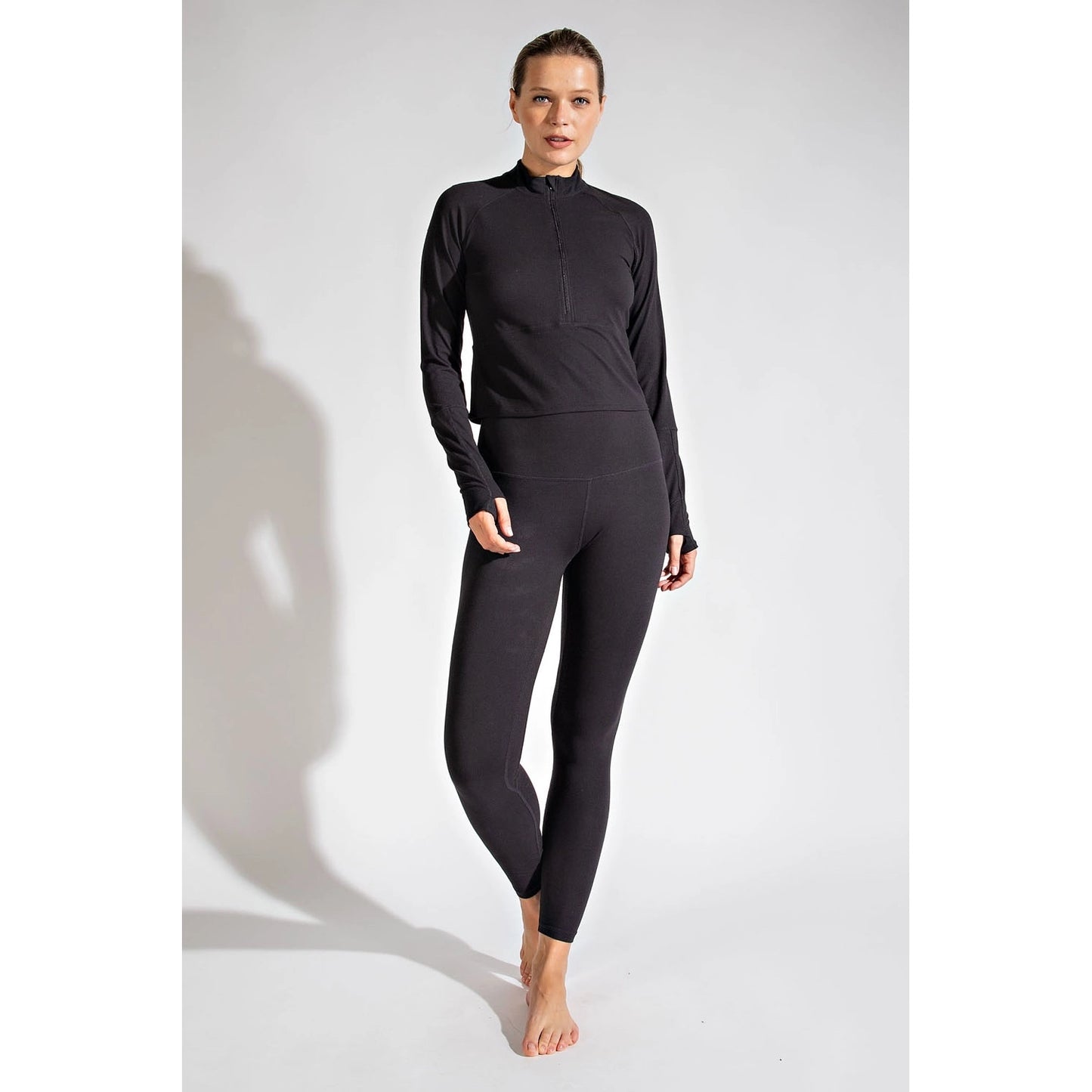 Black Cropped 1/4 Zip Long Sleeve Top