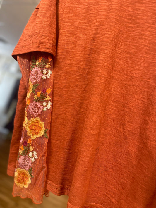 Cognac Embroidered Twofer Sleeve Top