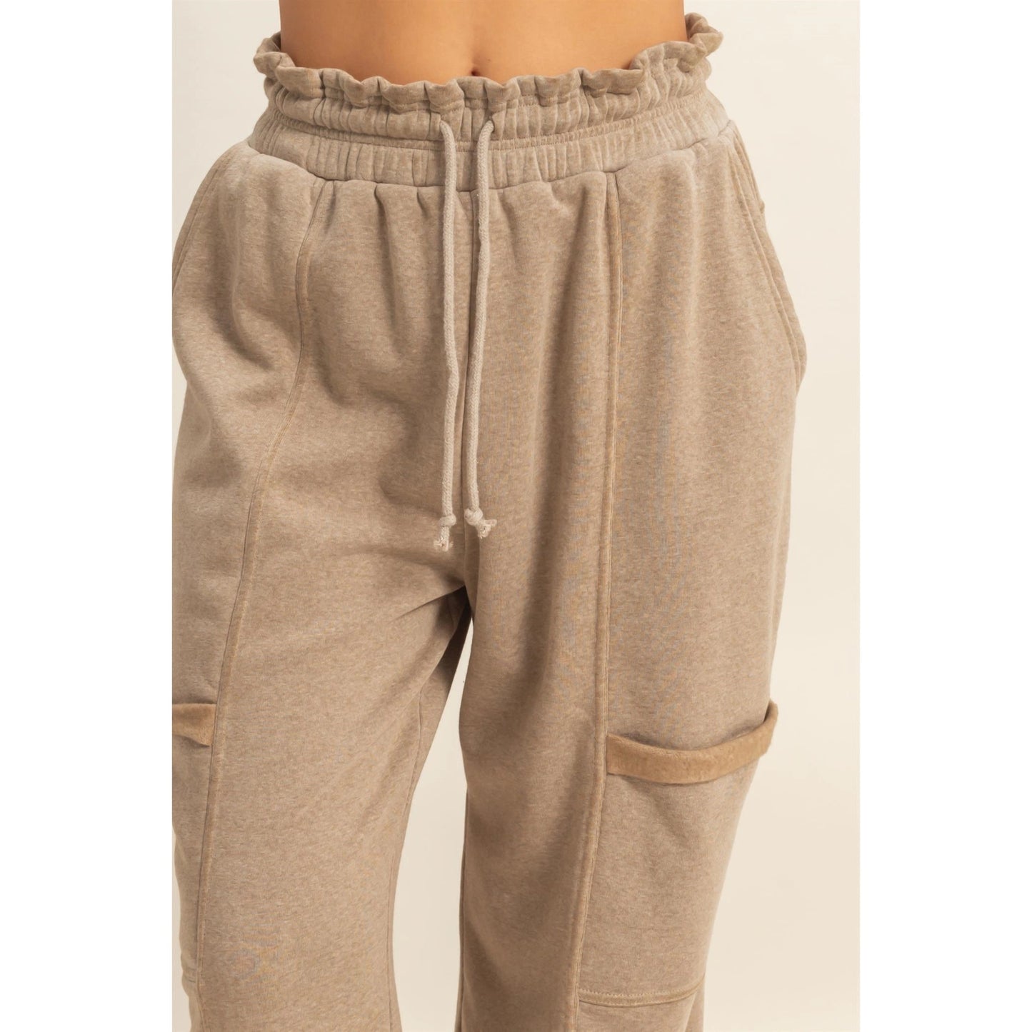 Mocha Gray Ruffle Waist Burnout Jogger Pants