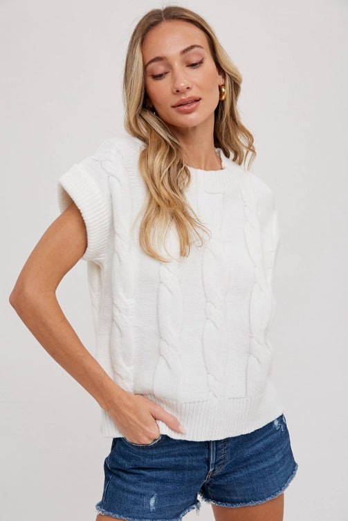 Cable Knit Ivory Short Sleeve Sweater