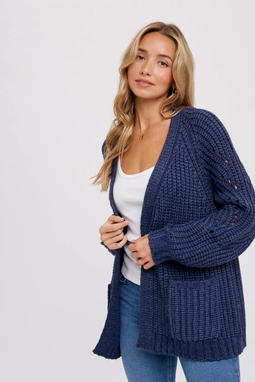 Navy Pointelle Open Front Cardigan