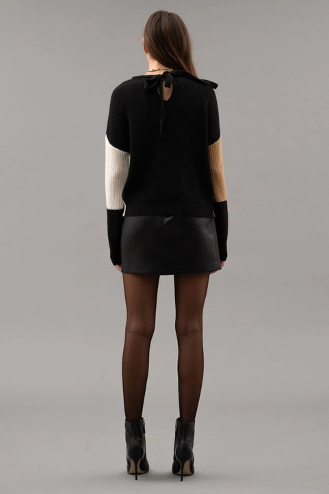Black Multi Colorblock Back Tie Knit Sweater