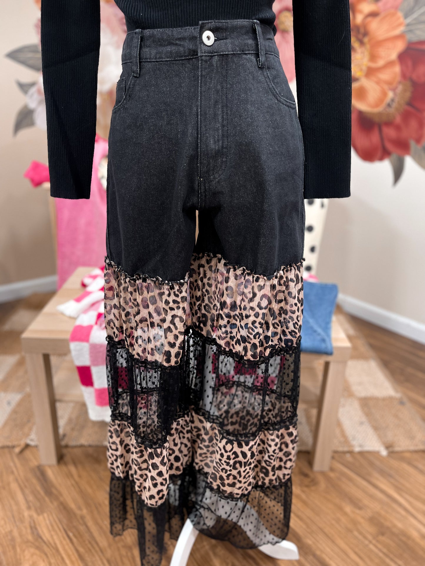 Leopard Print Dotted Ruffle Pants