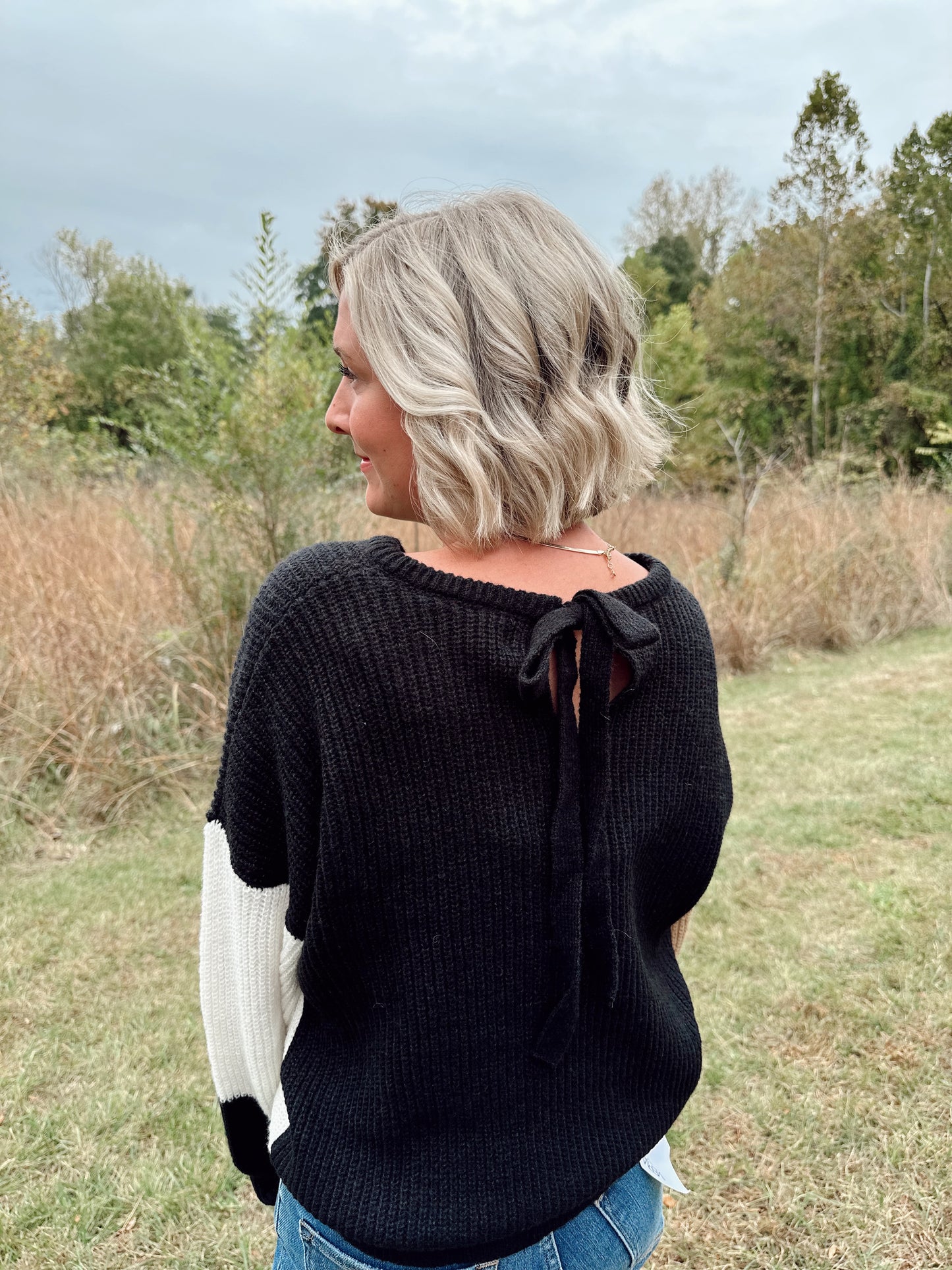 Black Multi Colorblock Back Tie Knit Sweater