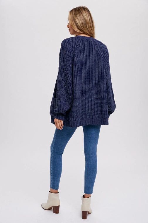 Navy Pointelle Open Front Cardigan