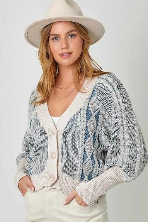 Washed Blue Mixed Weaving Cardigan