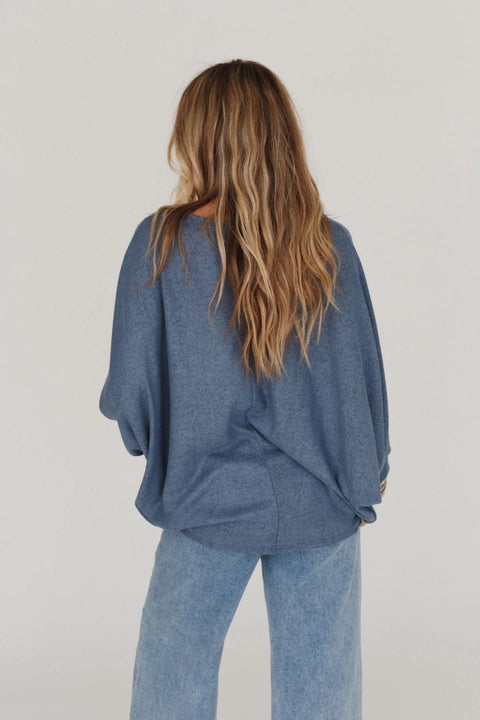 Dusty Blue Batwing Sleeve Knit Sweater