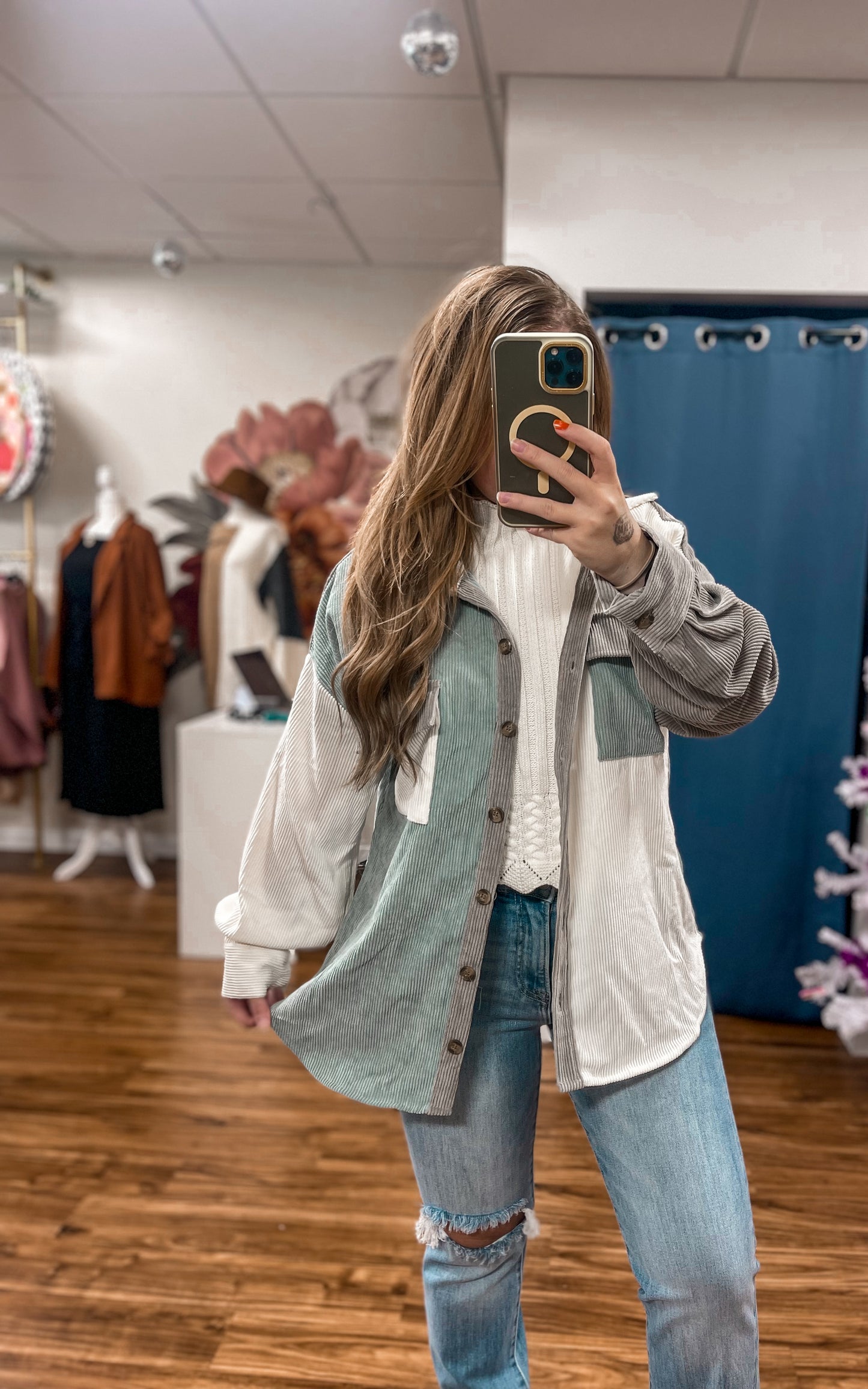 Colorblock Shacket Dusty Mint
