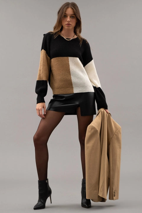 Black Multi Colorblock Back Tie Knit Sweater