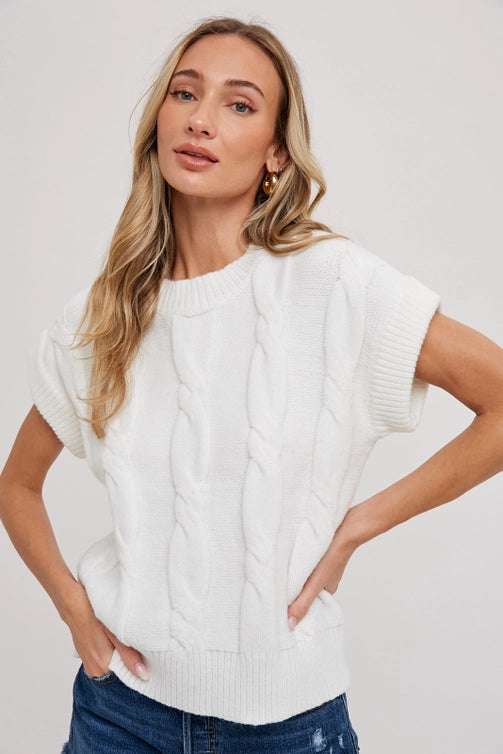 Cable Knit Ivory Short Sleeve Sweater