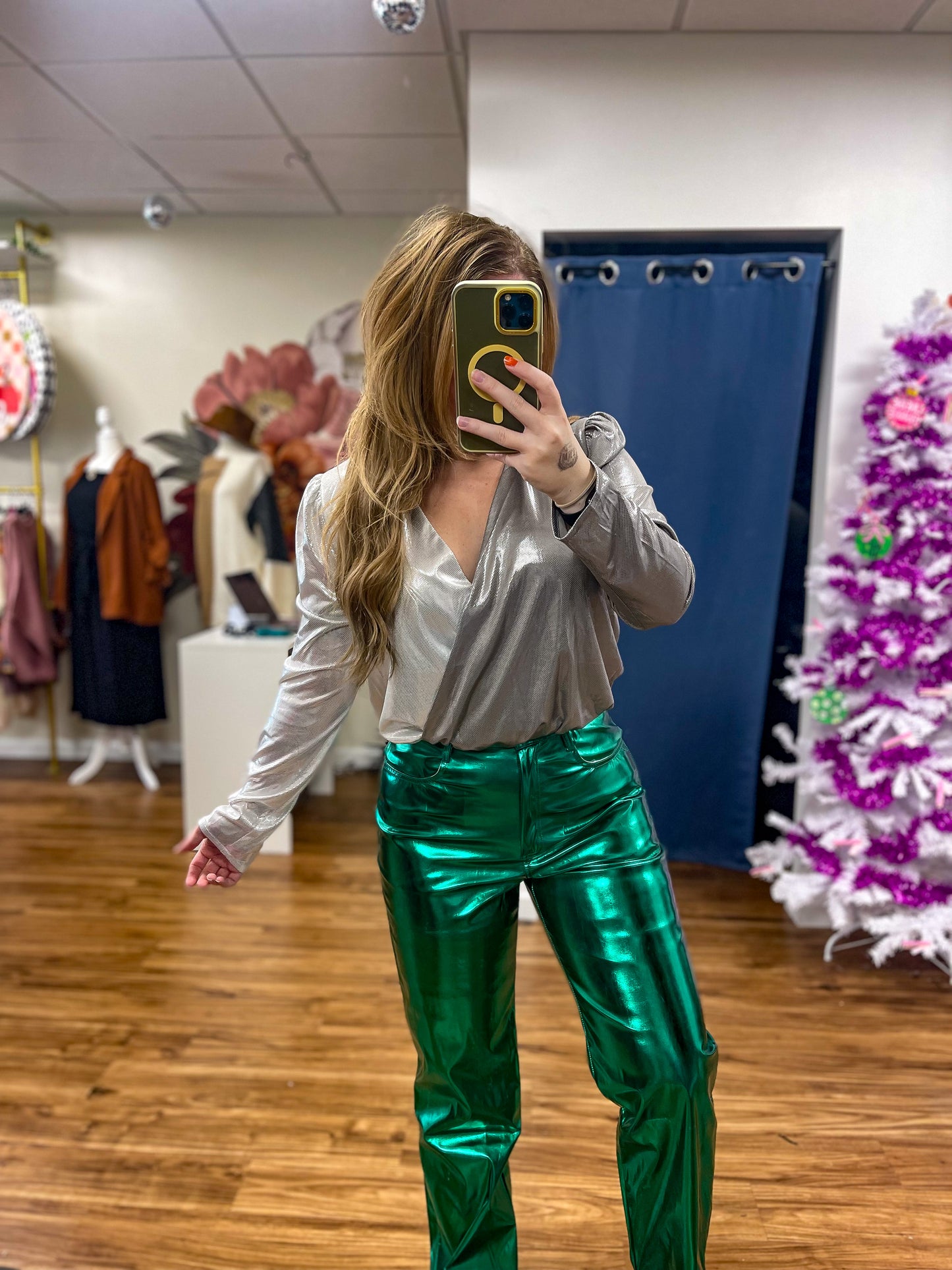 Forest Green Faux Leather Metallic Pants