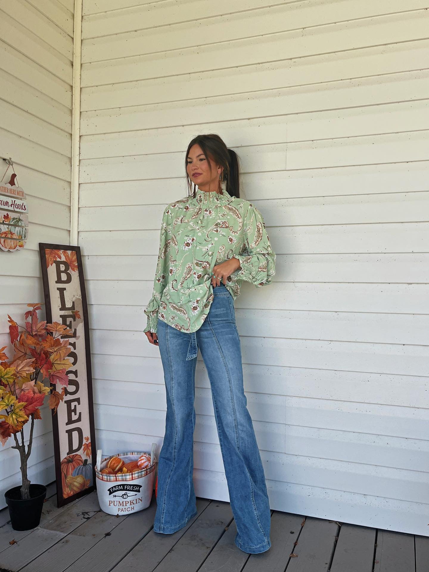 Sage Paisley Smocked Neck Top