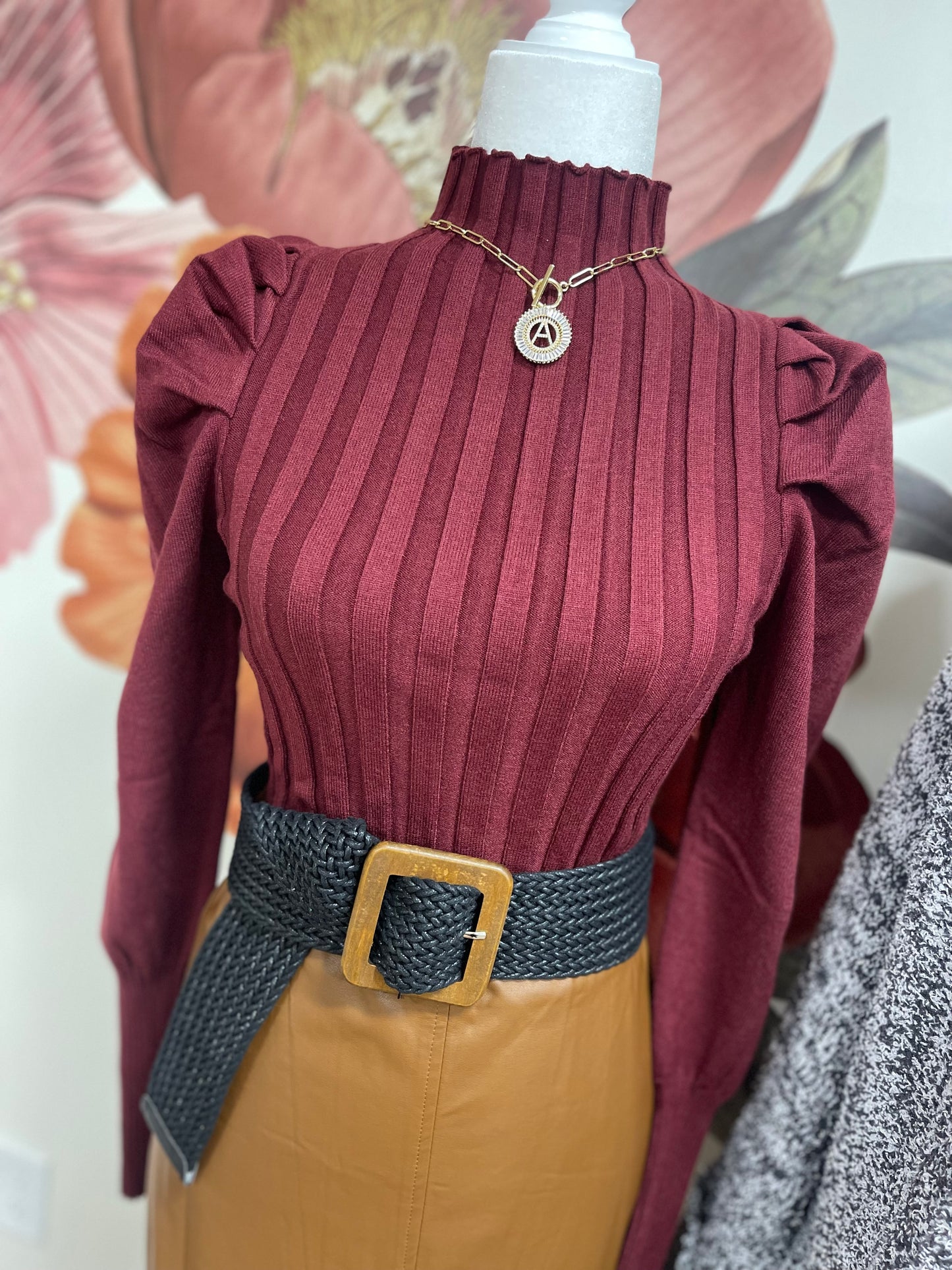 Maroon Puff Sleeve Sweater