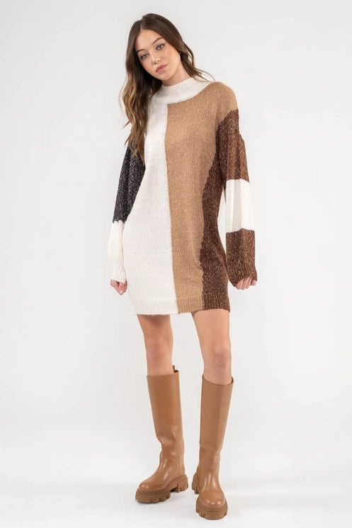 Ivory Colorblock Knit Sweater Dress
