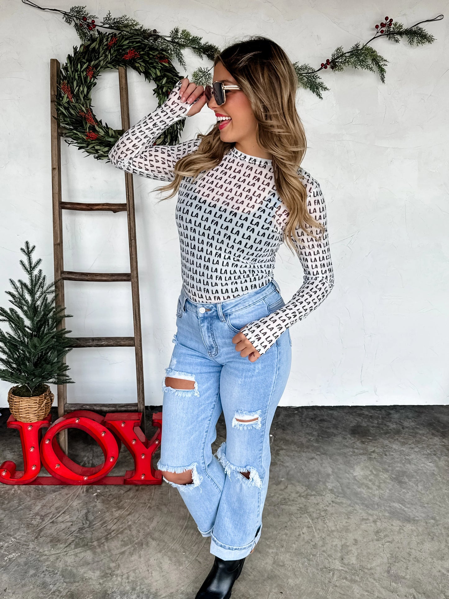 Christmas Mesh Top Fa La La La