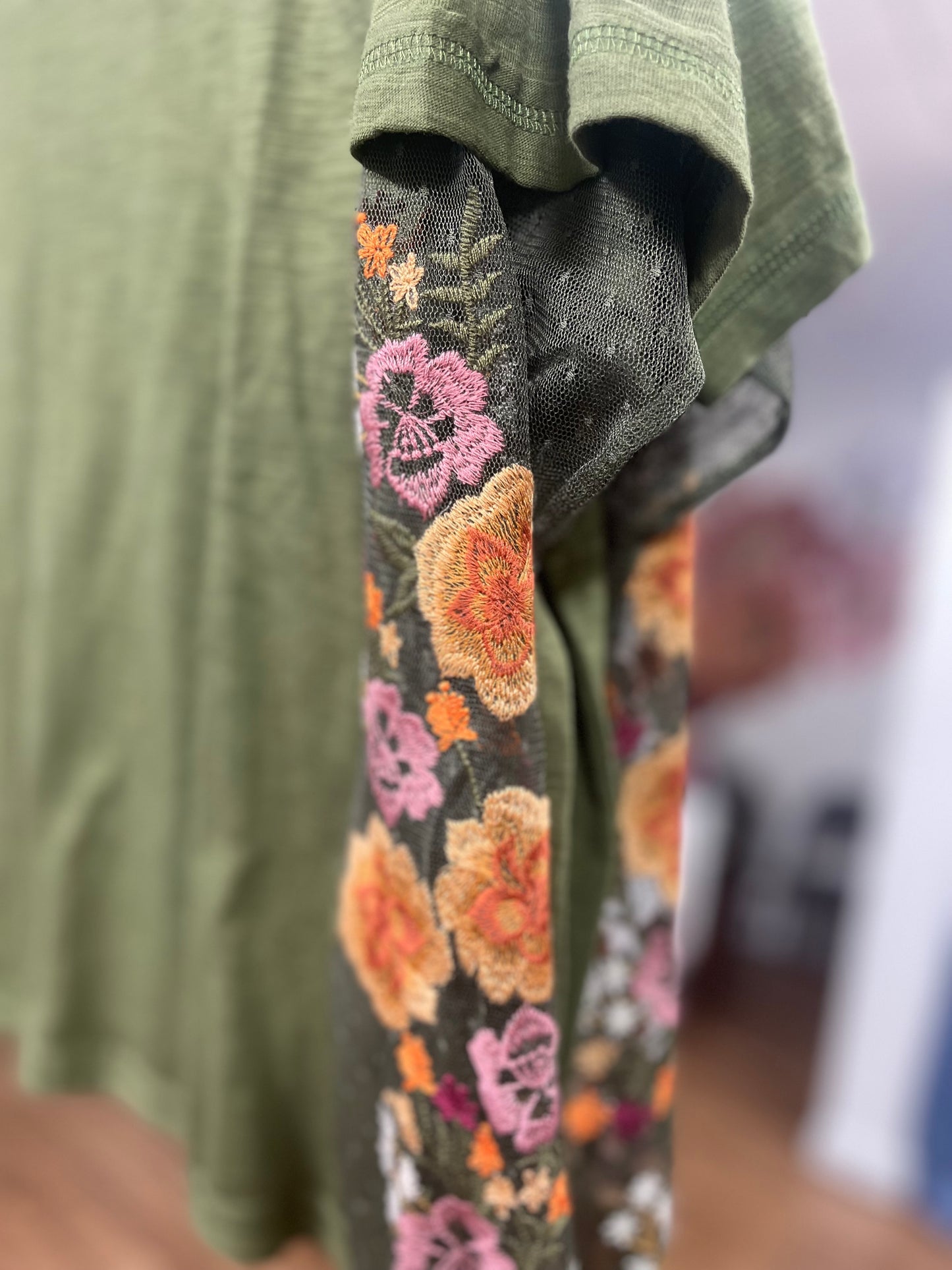 Olive Embroidered Twofer Sleeve Top