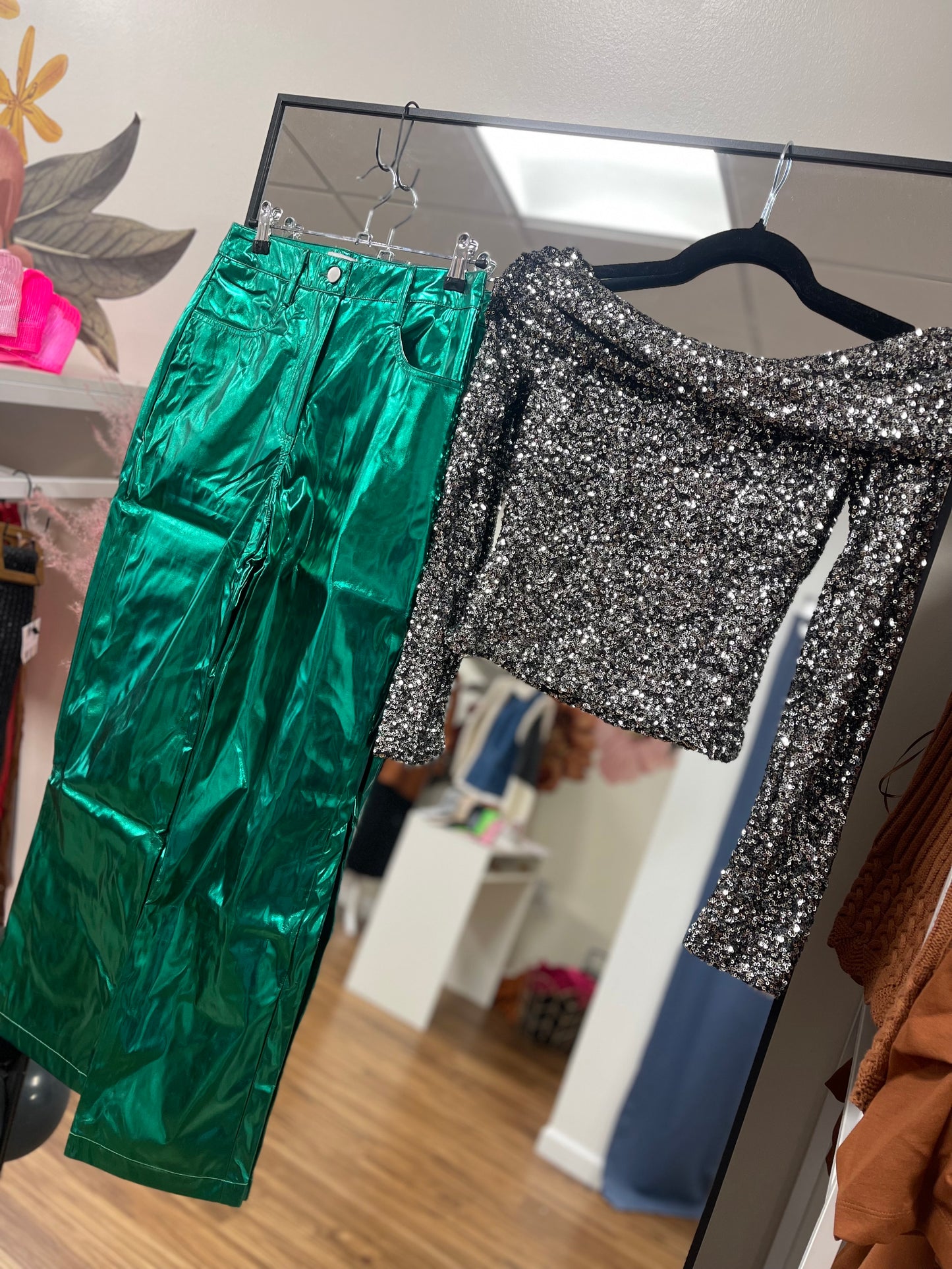 Forest Green Faux Leather Metallic Pants