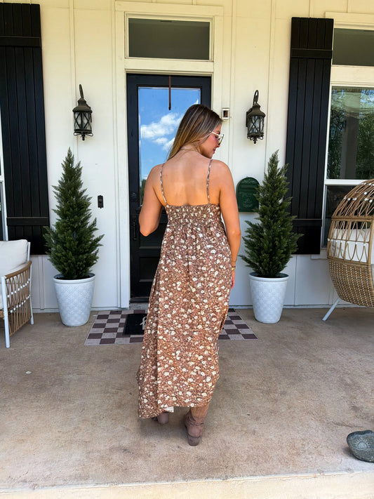 Western Charm Maxi Dress - Brown Floral