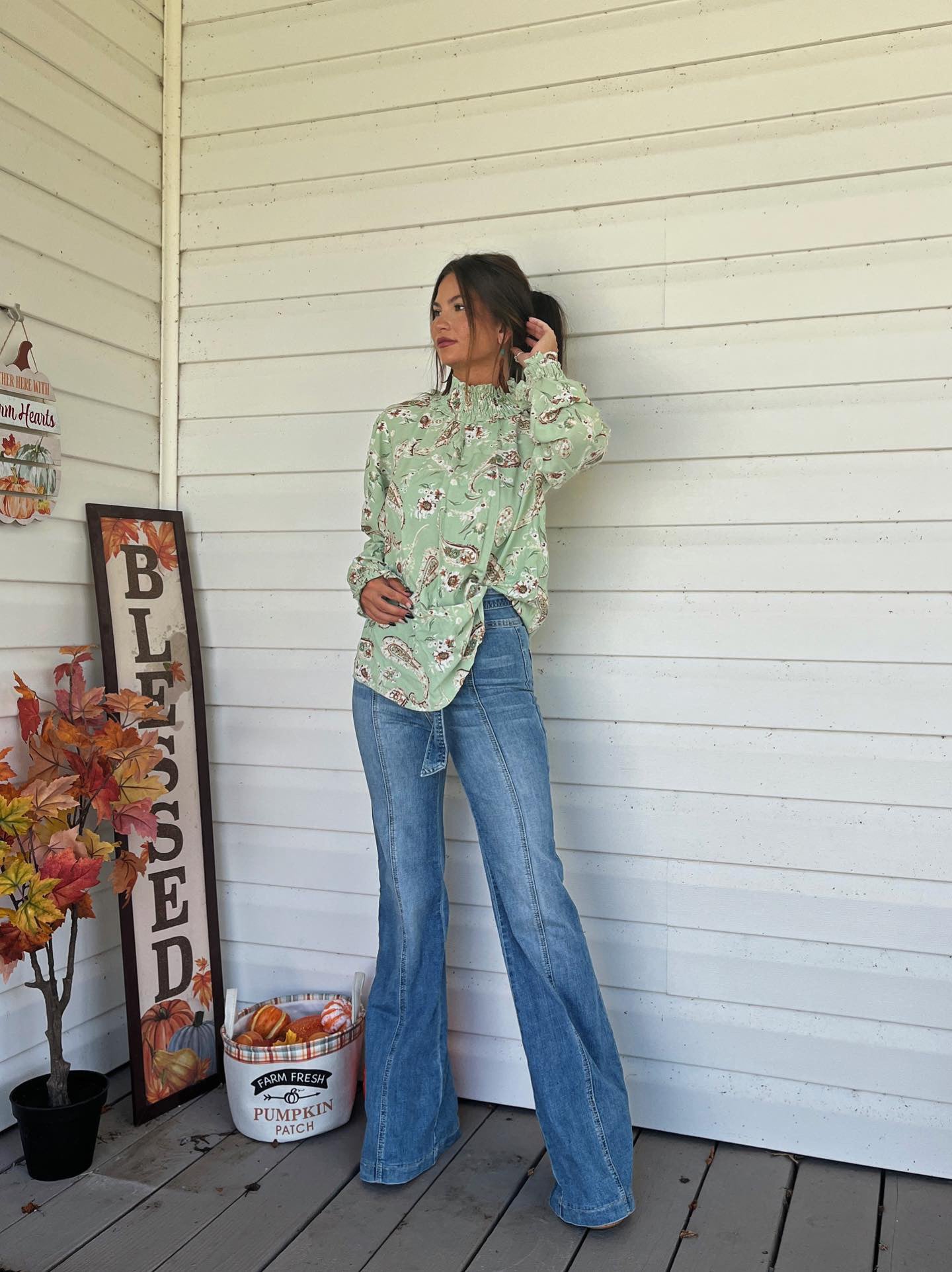 Sage Paisley Smocked Neck Top