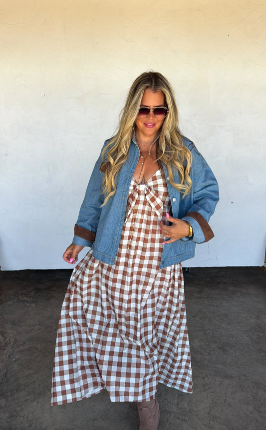 Western Charm Maxi Dress - Brown Gingham