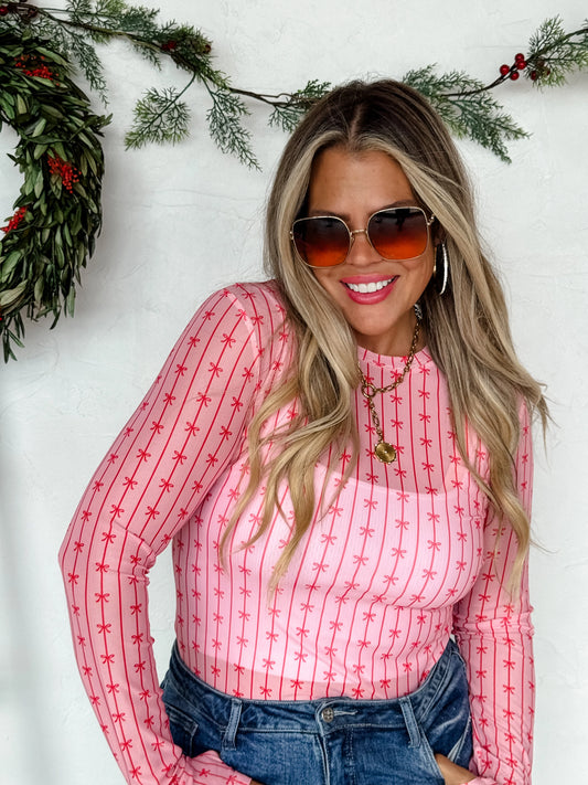 Christmas Mesh Top Pink & Red Bows