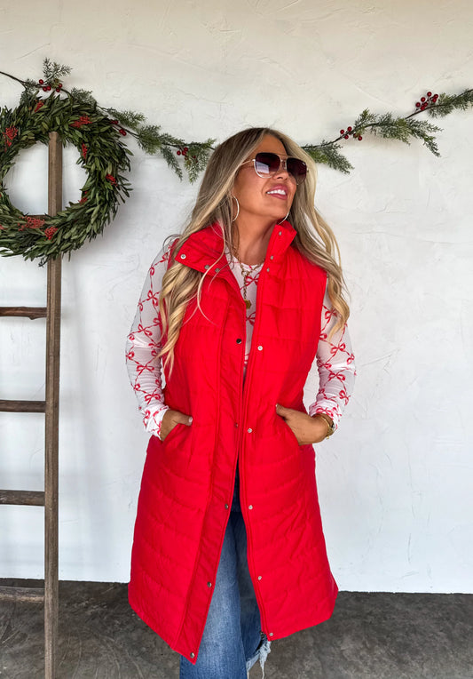 Kendall Long Puffer Vest in Red