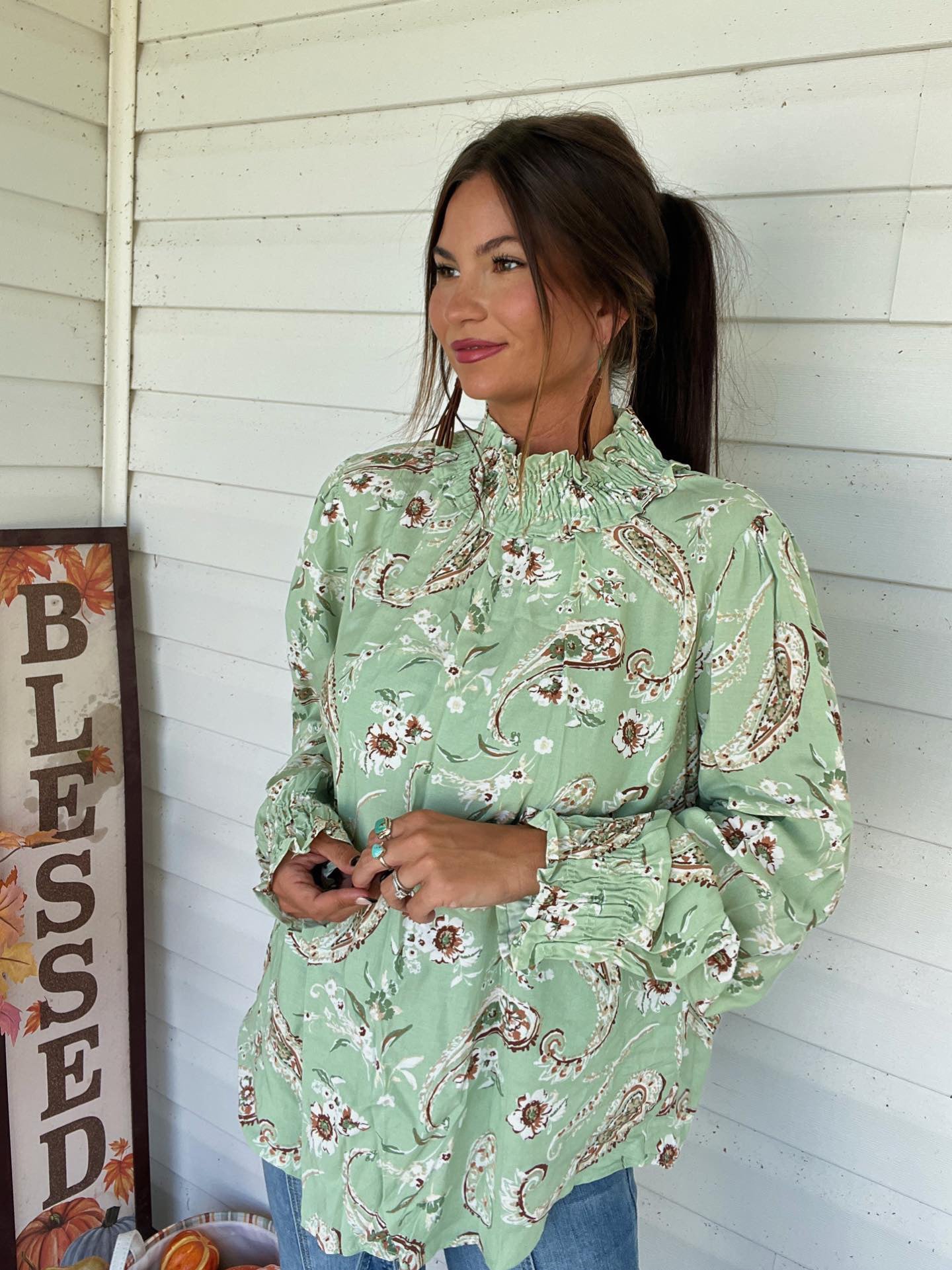 Sage Paisley Smocked Neck Top
