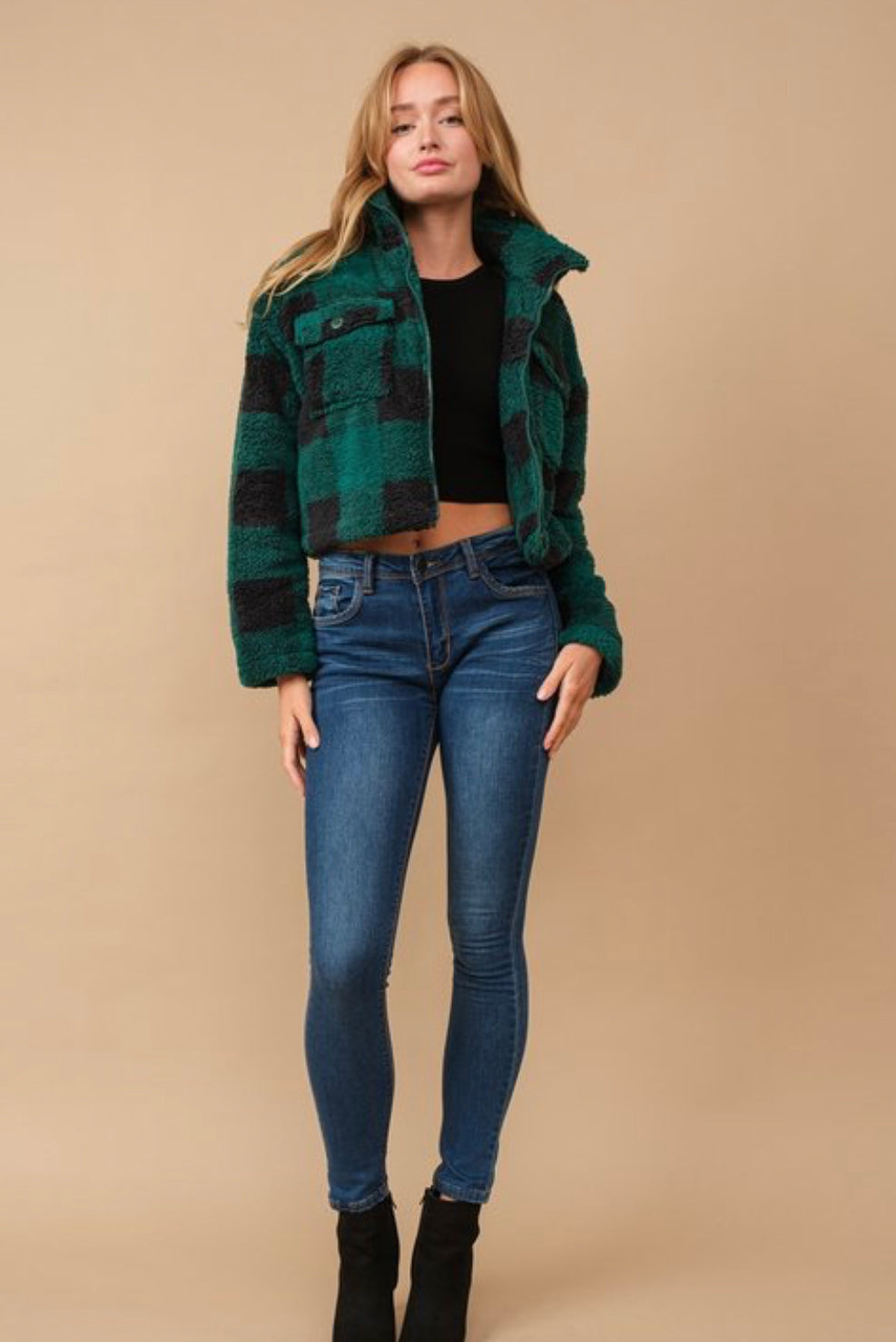 Green Flannel Sherpa Zip Up Jacket