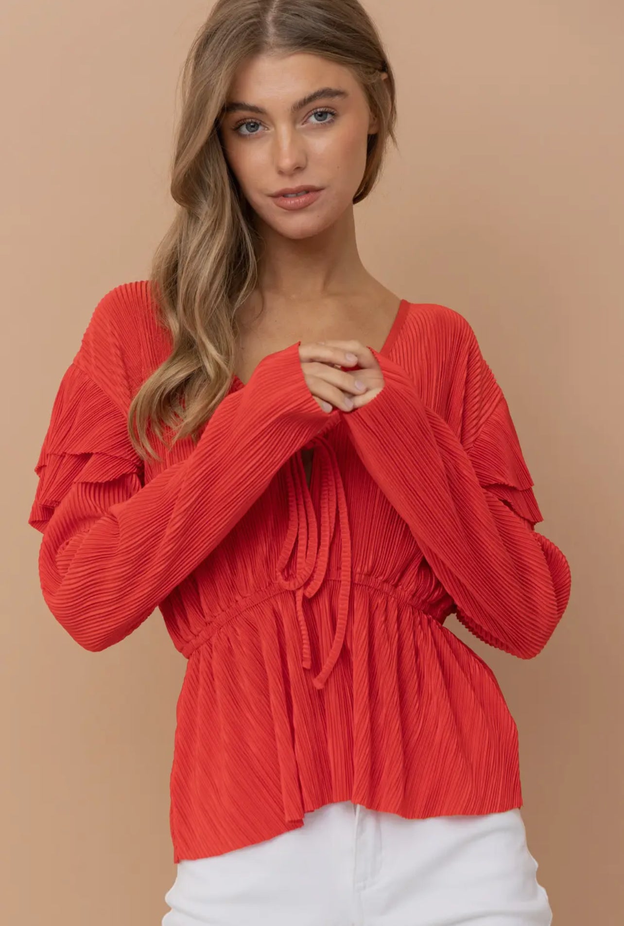 Red Ruffle Press Pleated Top