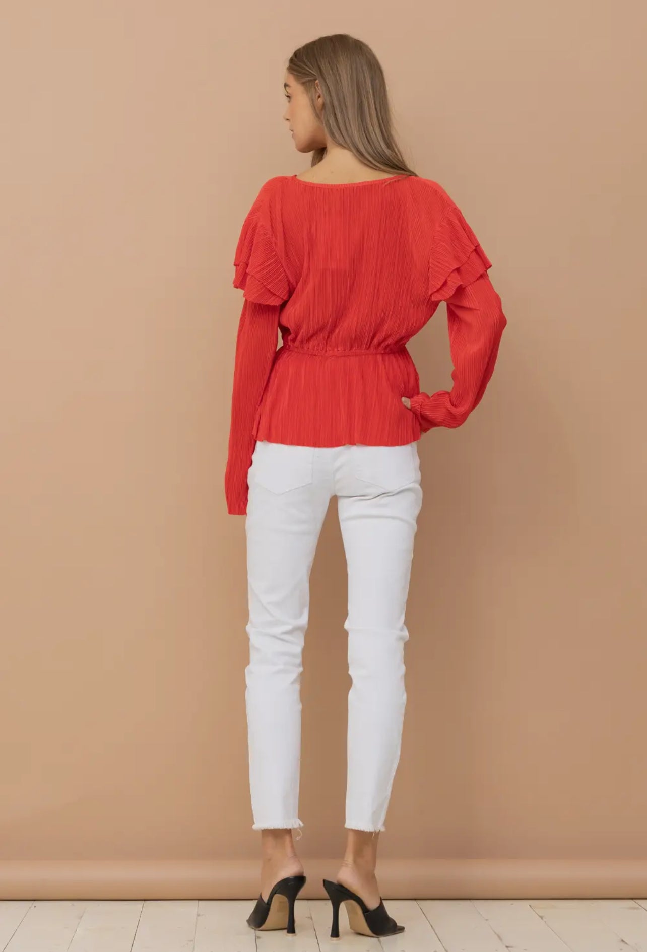 Red Ruffle Press Pleated Top