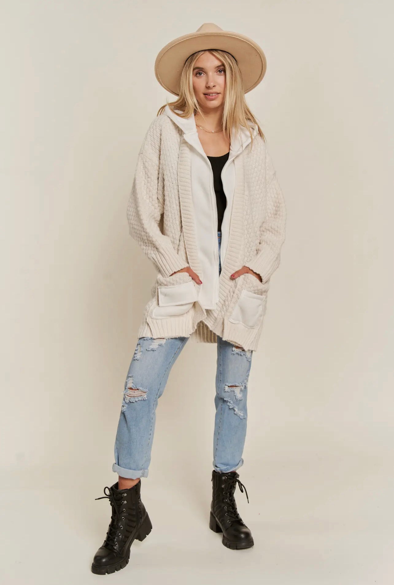 Cream Zip Up Hoodie Jacket